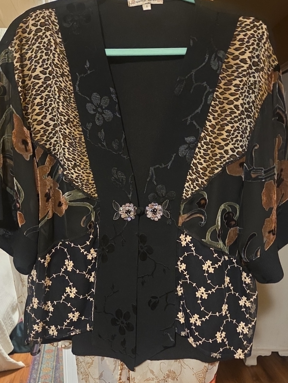 Black Floral & Leopard Patchwork Kimono Blouse